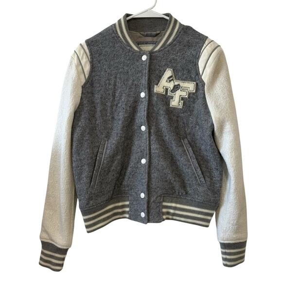 Abercrombie & Fitch Varsity Letterman Jacket XS Gray Cream Wool Blend - Picture 1 of 5